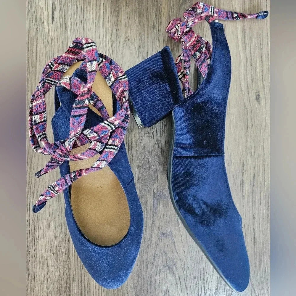 Rampage Navy Blue Velvet Block Heels Lace Up‎ Ankle Strap Shoes Womens 8